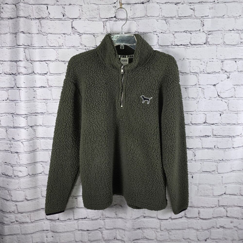 PINK Sweater Women XS Green Sherpa 1/4 Zip Pullover Sweat Shirt Deep Pile Olive